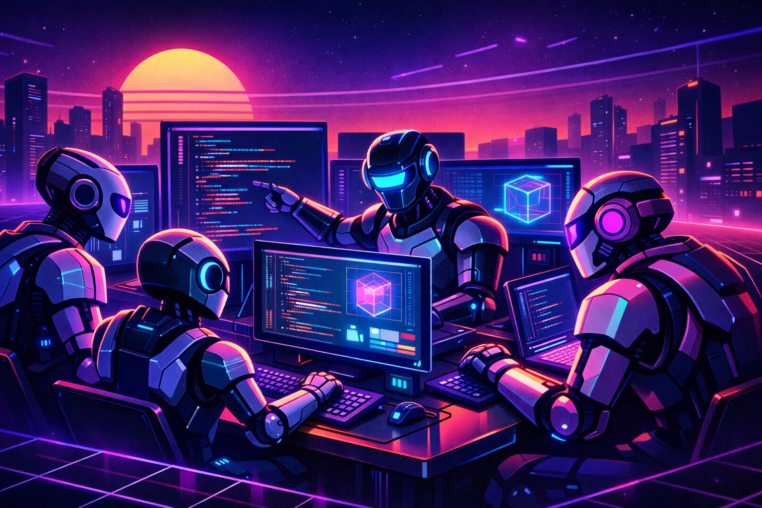 Robot software devs collaborating.