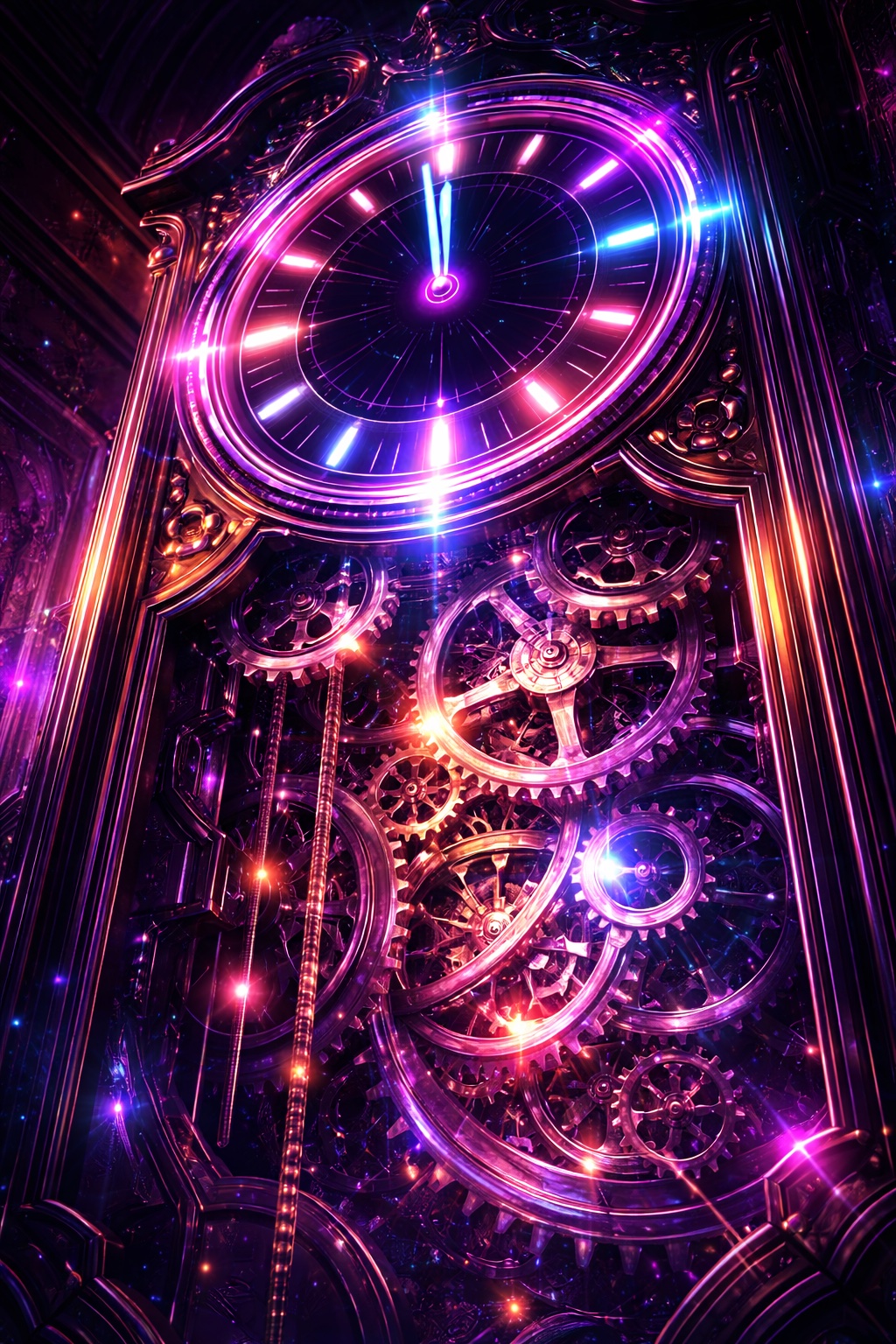 Futuristic synthwave grandfather clock.