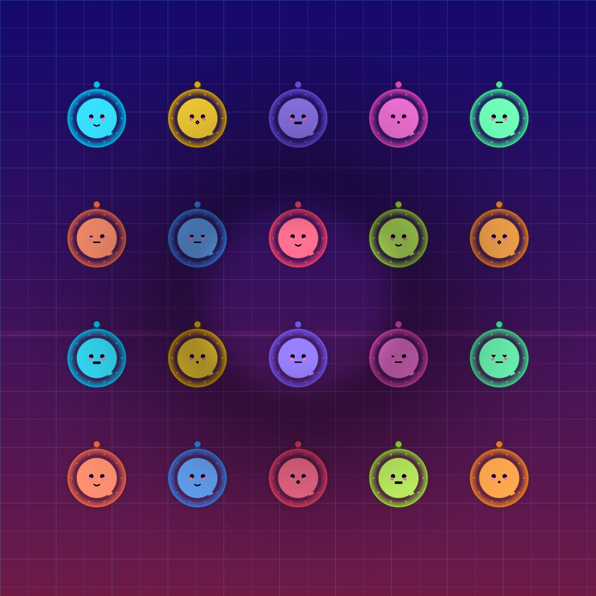 Tamagotchi-styled neon emojis.