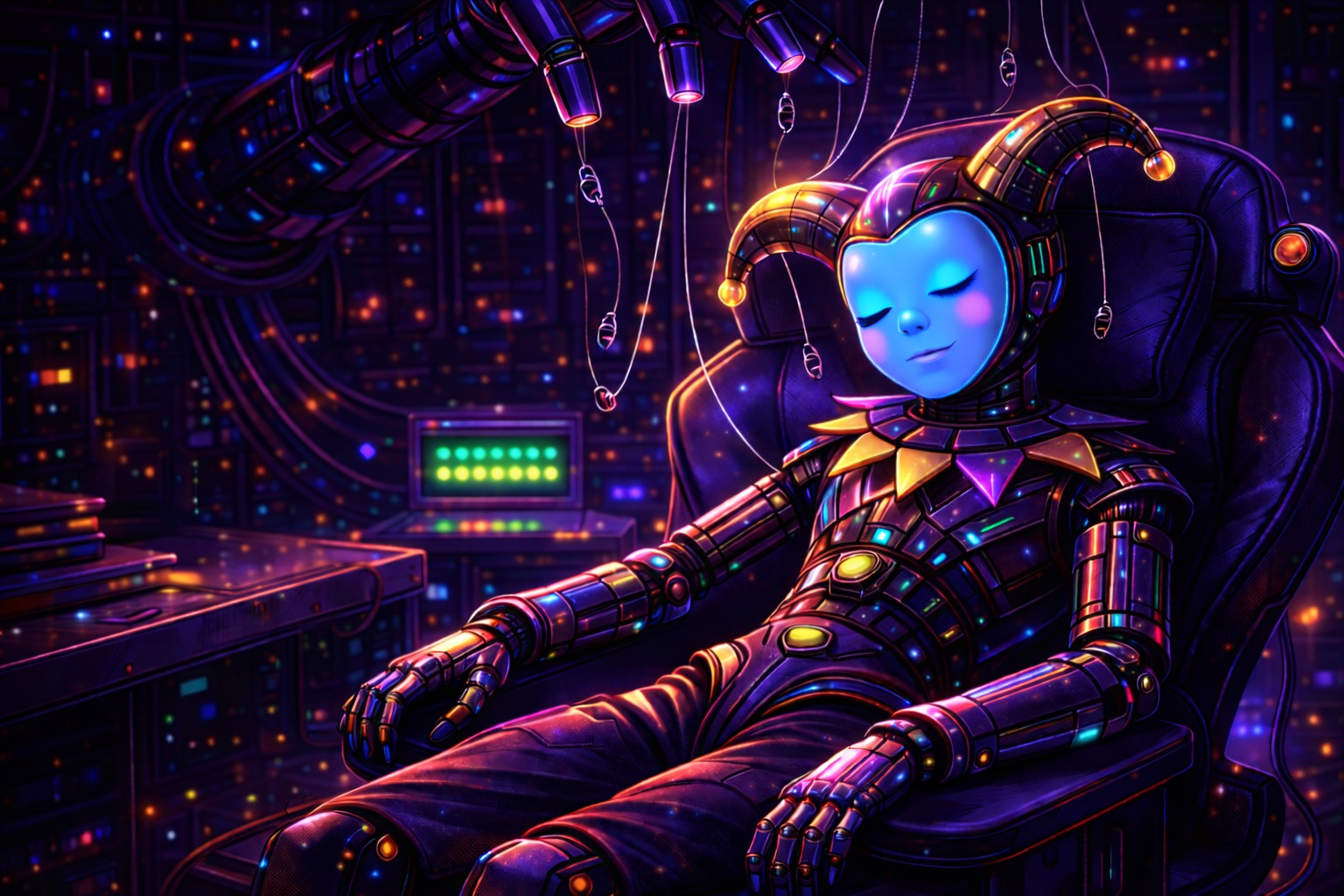 The marionette Taking a Nap in a cyberpunk setting.