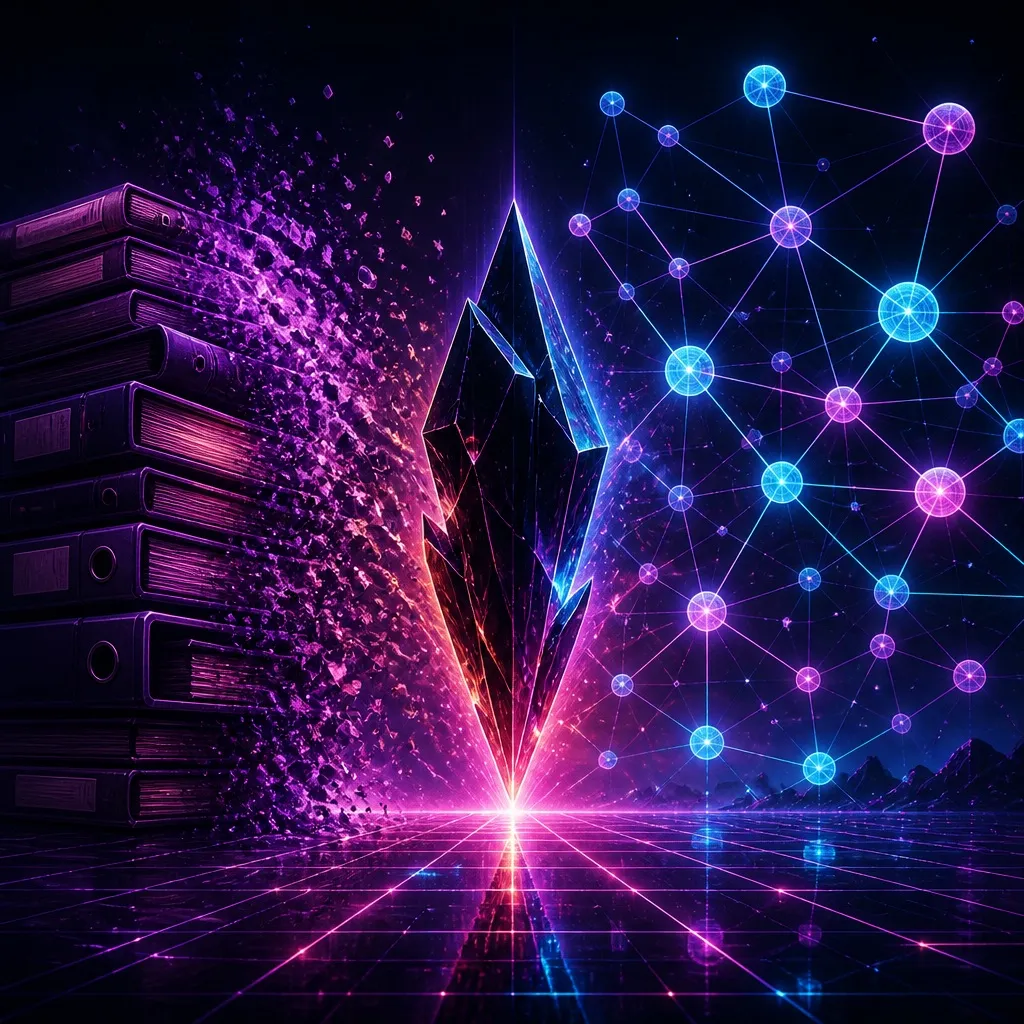 A glowing obsidian crystal between dissolving notebooks and a neon knowledge graph