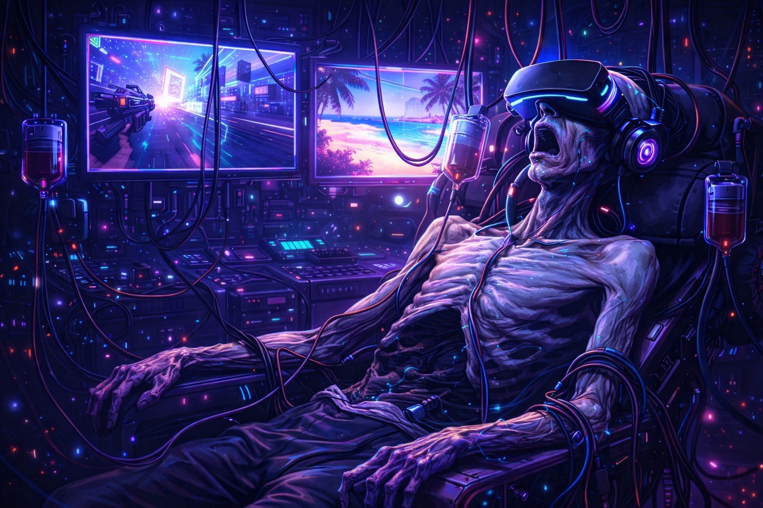 Dystopian futuristic man enrossed in realistic VR simulator has allowed their physical body to wither.