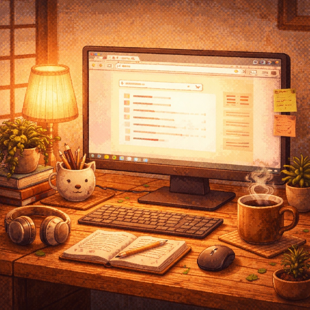A cozy desk with a browser window