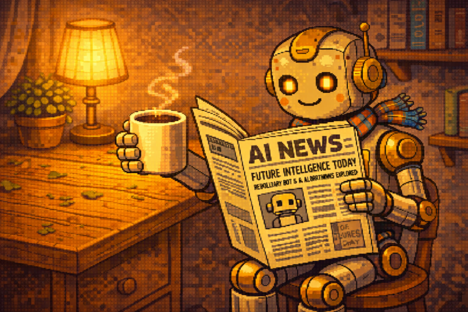 A friendly robot reading an AI newspaper at a cozy desk