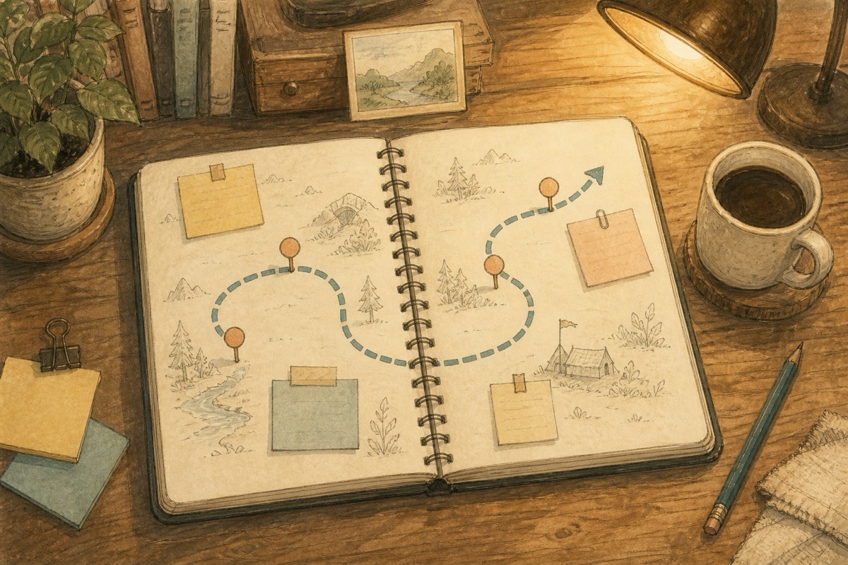 A cozy desk with an open notebook showing a winding learning path